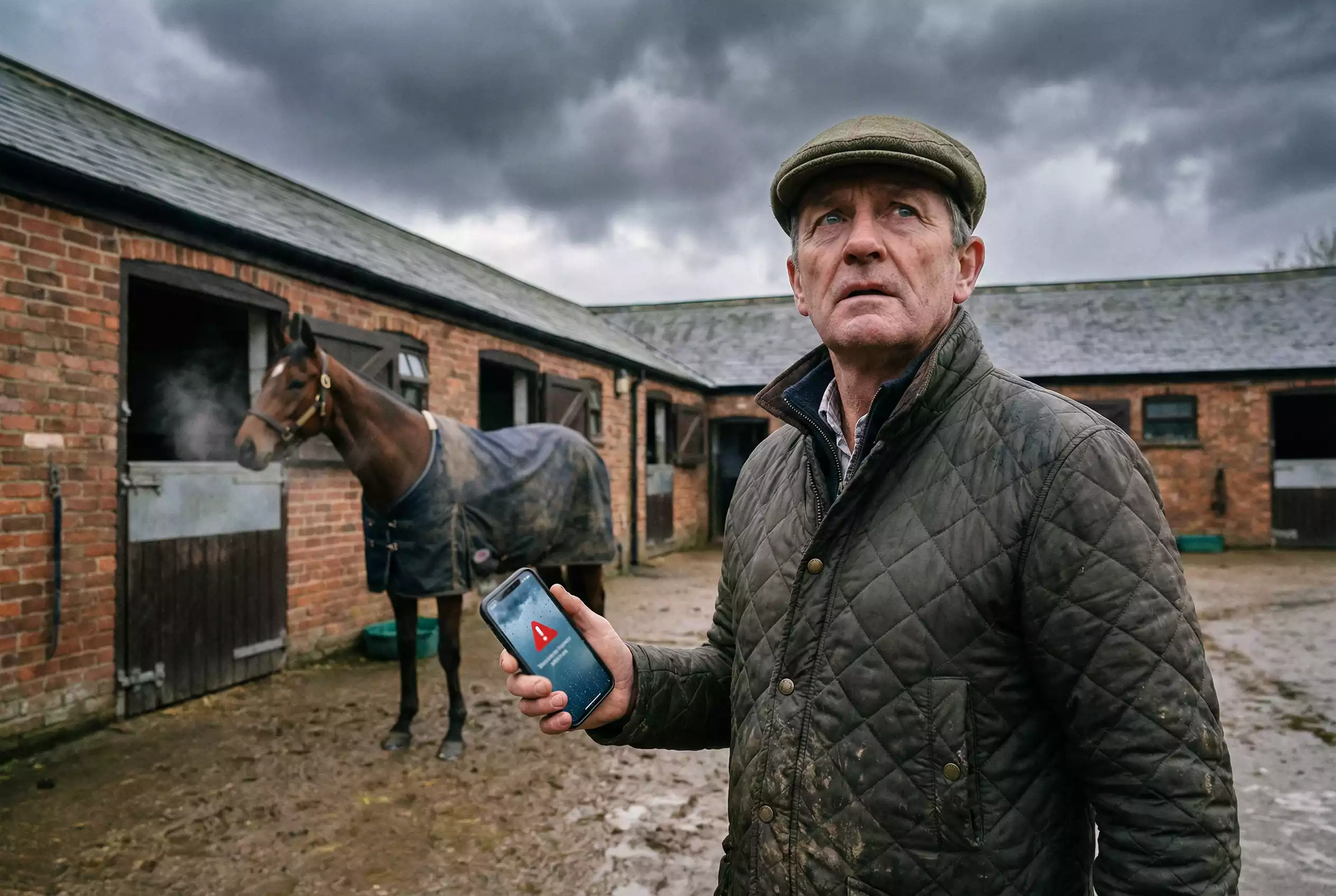 48-hour declarations in horse racing — trainer checking weather forecast with horse