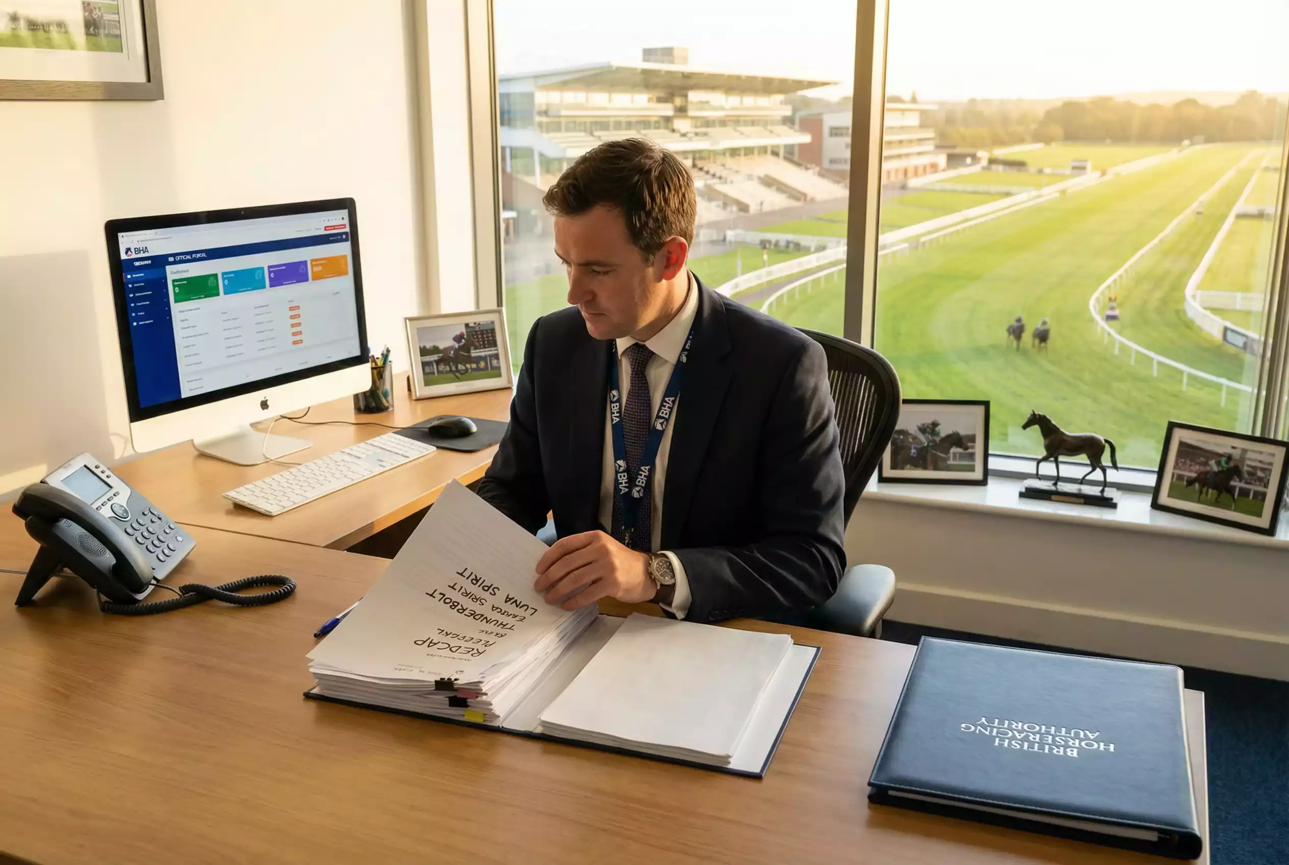 BHA non runner declaration process — racing official at desk with documents