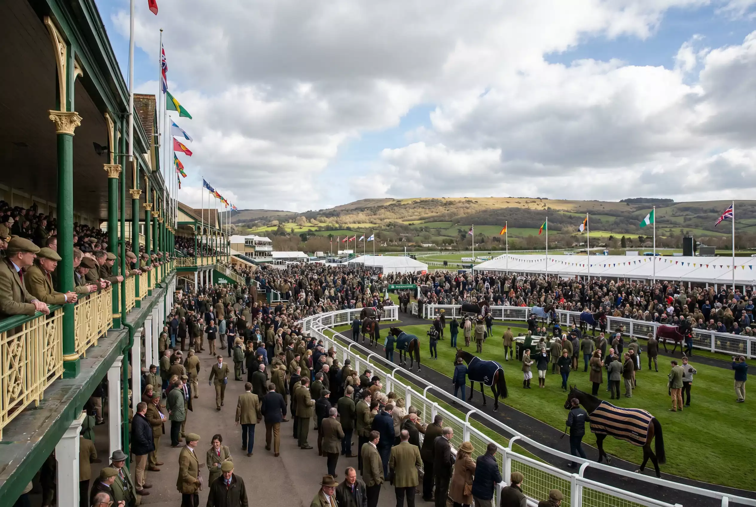 Crowds at Cheltenham Festival racecourse with horses parading