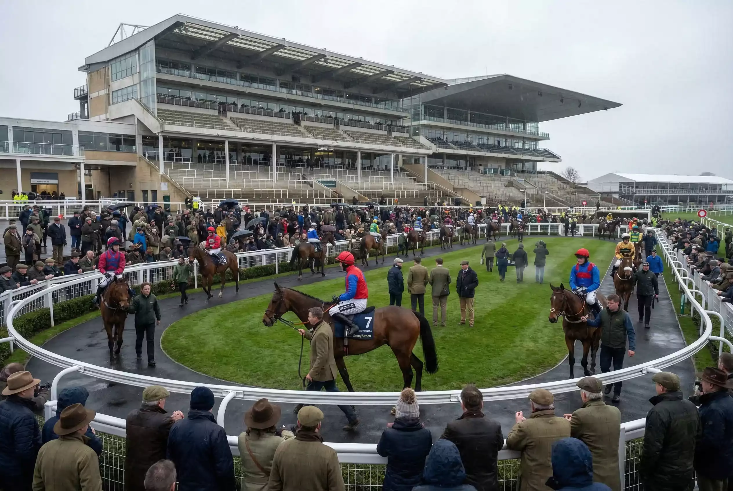 Cheltenham Festival non runners — horses and jockeys in parade ring at Prestbury Park