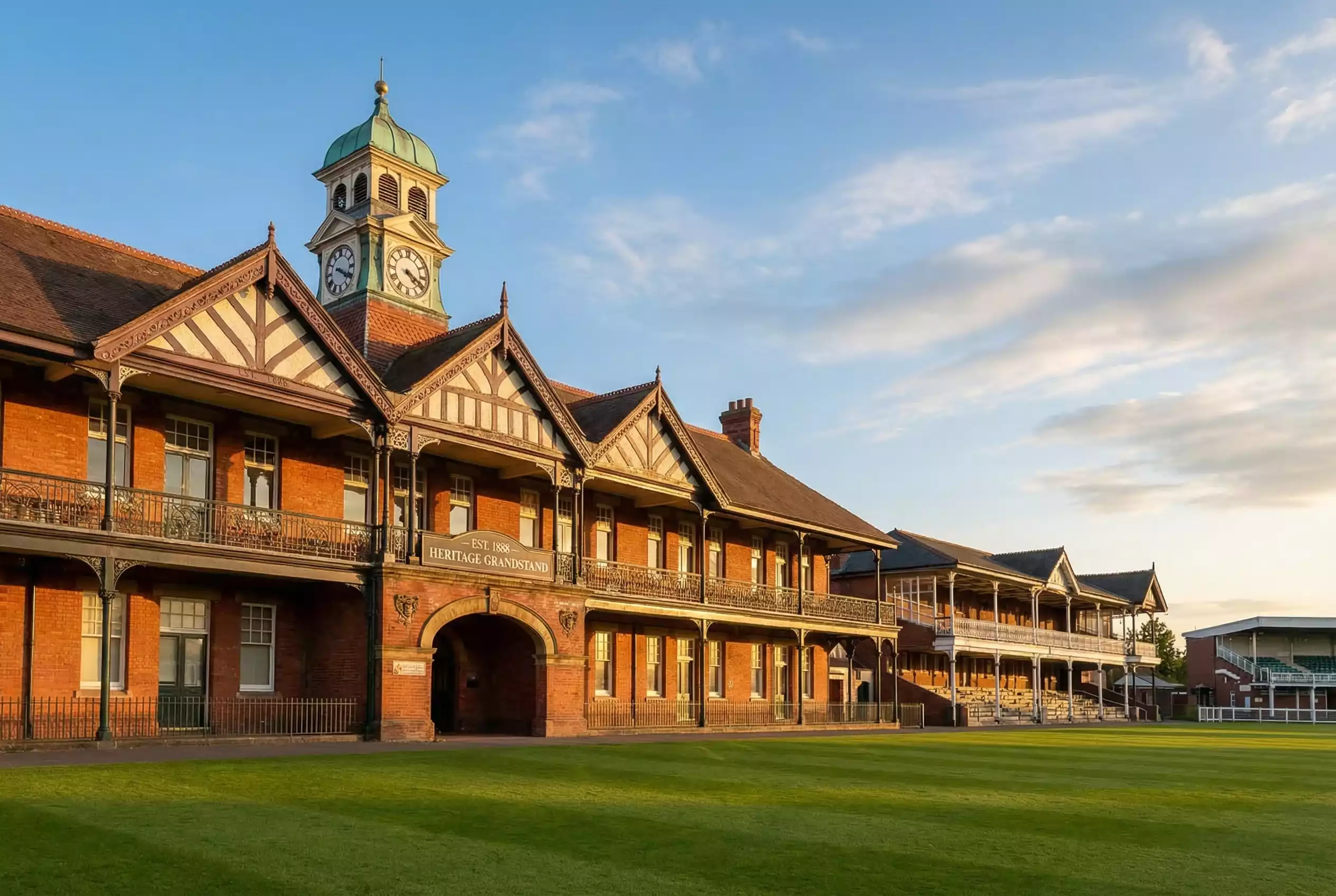 Historic British racecourse grandstand with vintage architecture and green turf