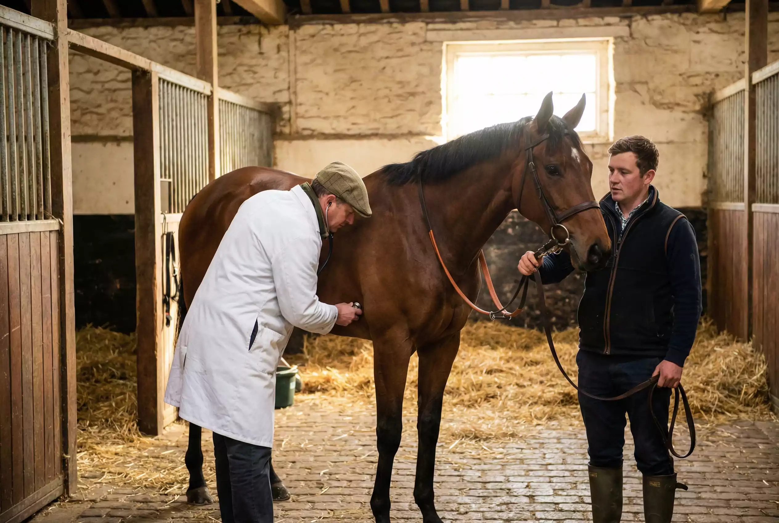 Veterinarian examining a racehorse in stable before racing
