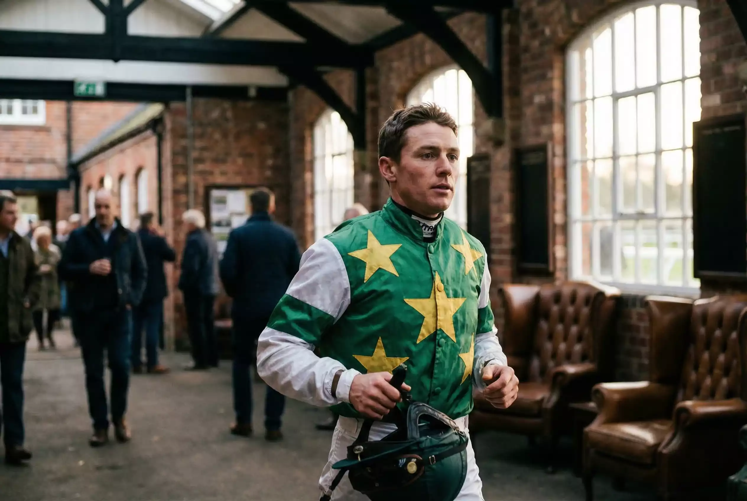 Jockey in colourful silks walking through weighing room before race day ride