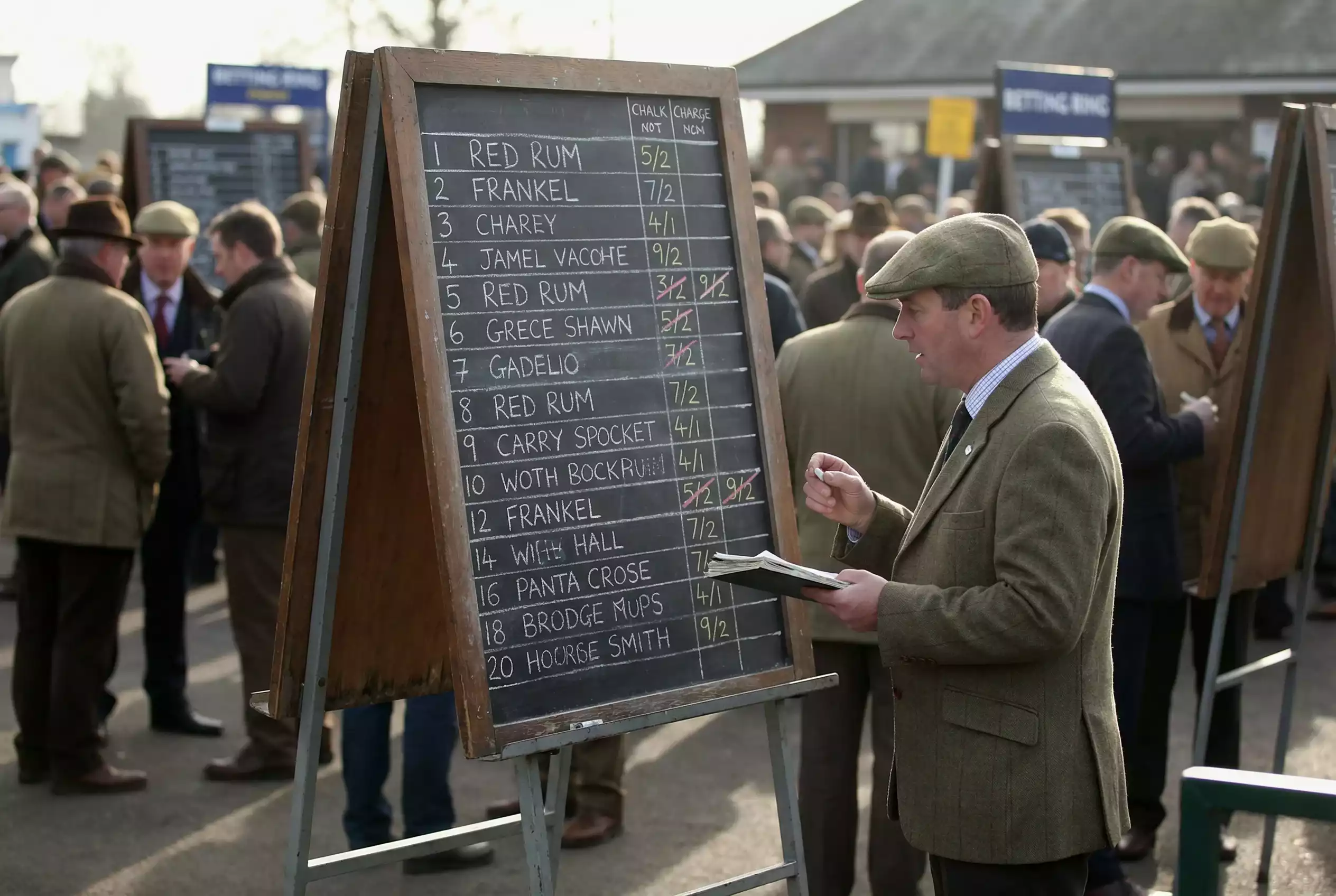 Bookmaker odds board showing horse racing prices at a UK racecourse