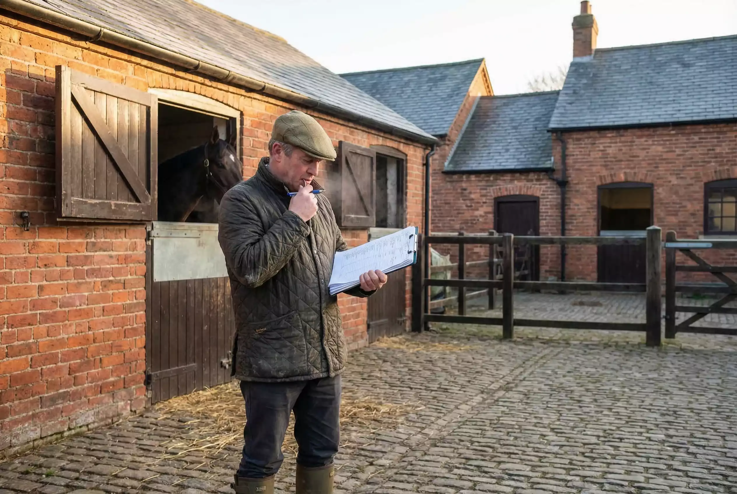 Horse trainer reviewing paperwork at a racing yard