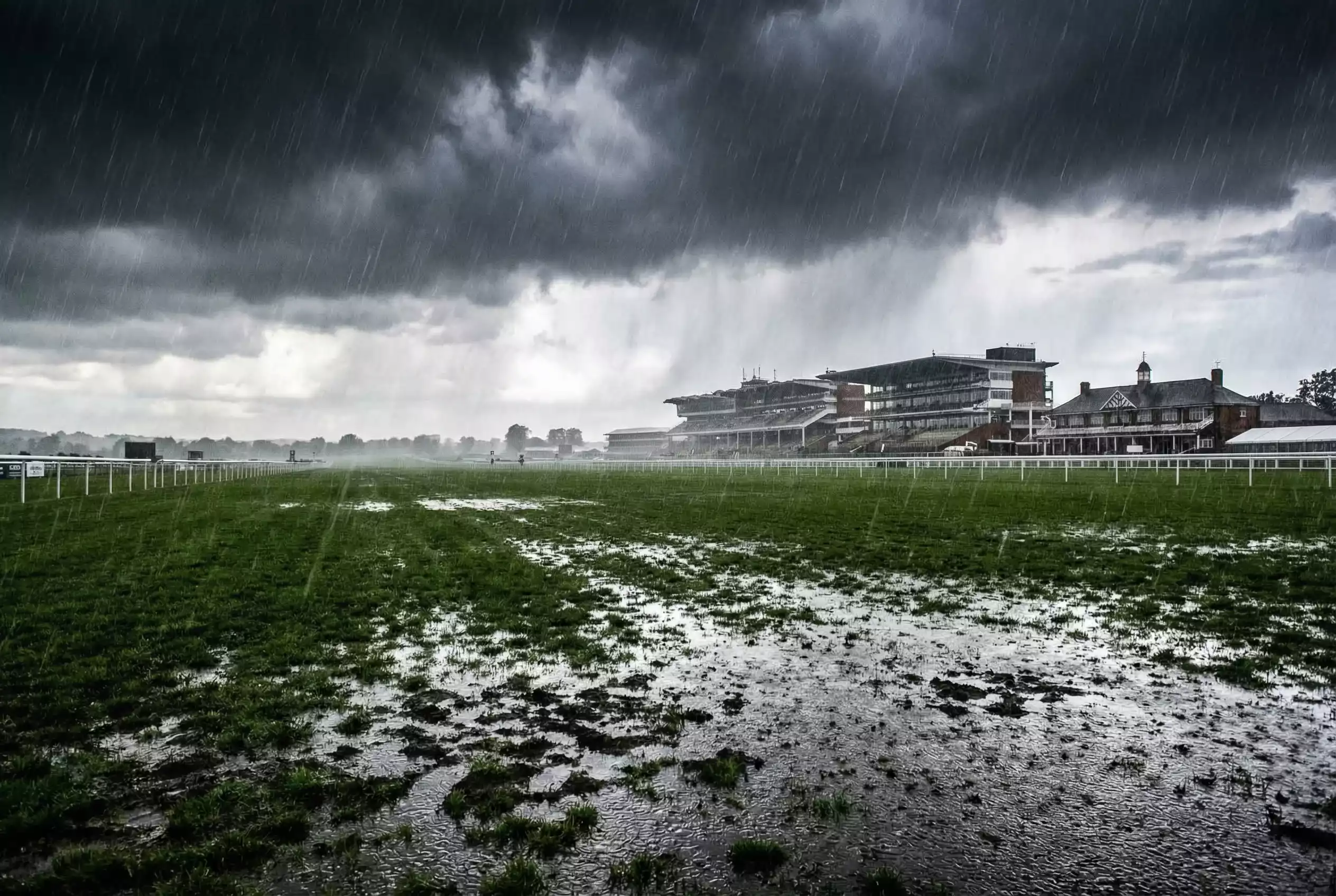Rainy day at British racecourse with dark clouds and wet turf track